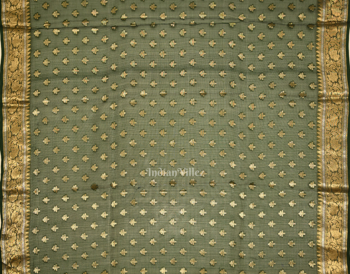 Bottle Green Pure Jamdani Banarasi Kota Silk Saree