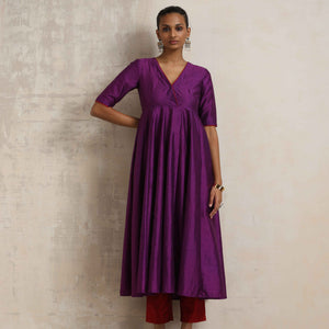 trueBrowns Purple Silk Anarkali Kurta Pant Dupatta Set
