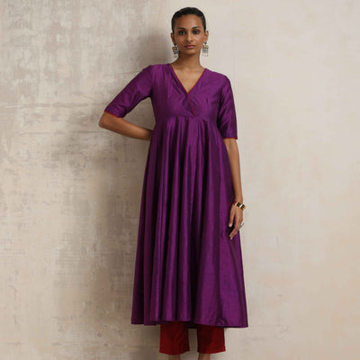 trueBrowns Purple Silk Anarkali Kurta Pant Dupatta Set