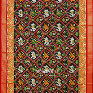 Black With White Elephant Design Silk Handloom Pochampally Ikat Saree