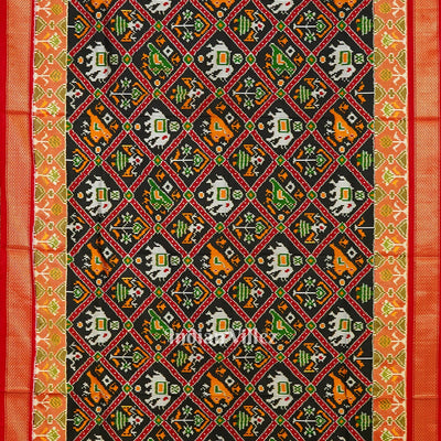 Black With White Elephant Design Silk Handloom Pochampally Ikat Saree