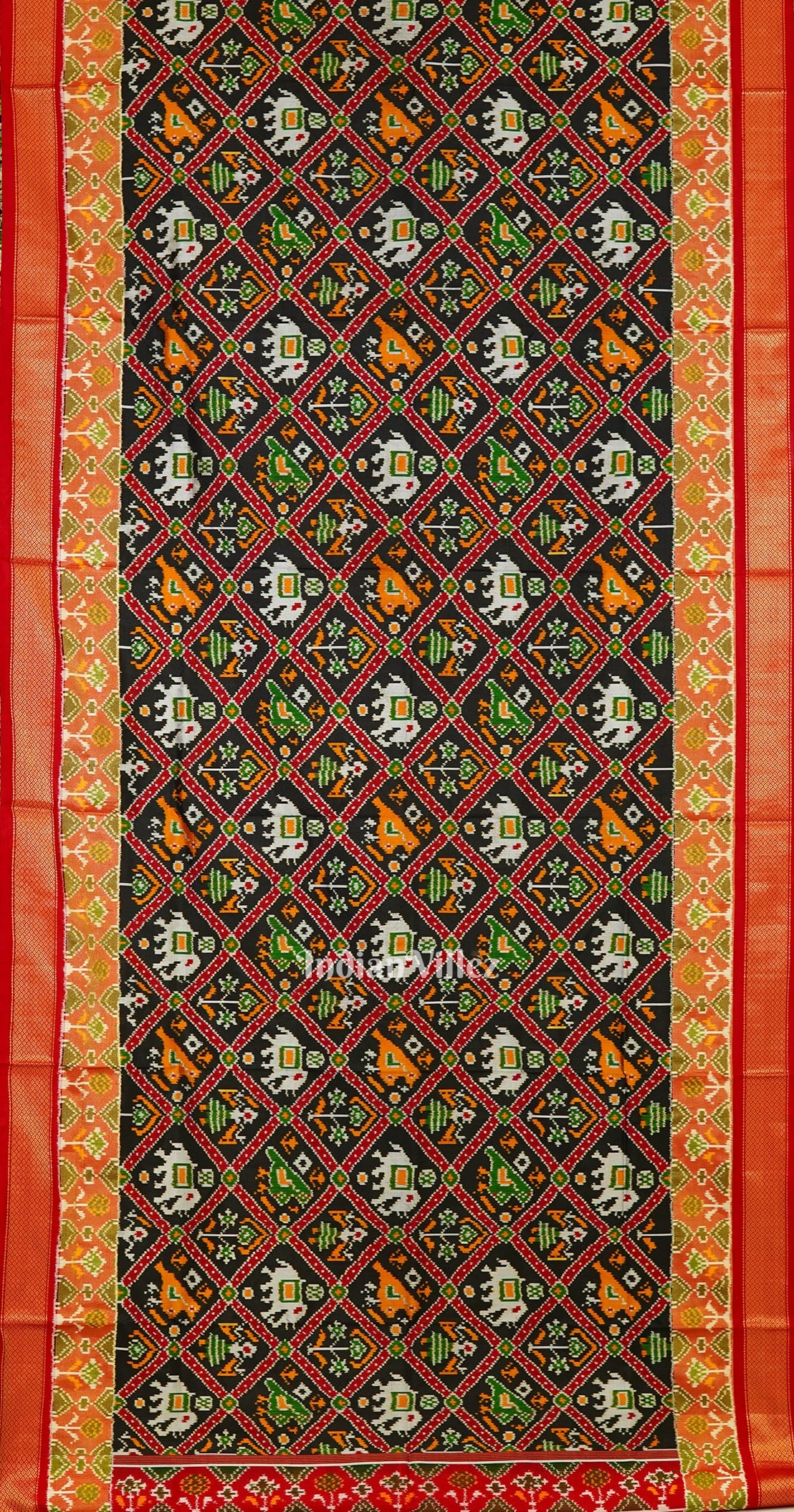 Black With White Elephant Design Silk Handloom Pochampally Ikat Saree