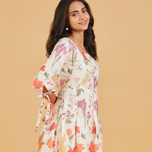 White Multicolour printed floral A-line Dress