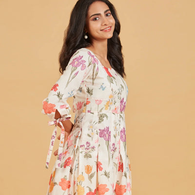 White Multicolour printed floral A-line Dress