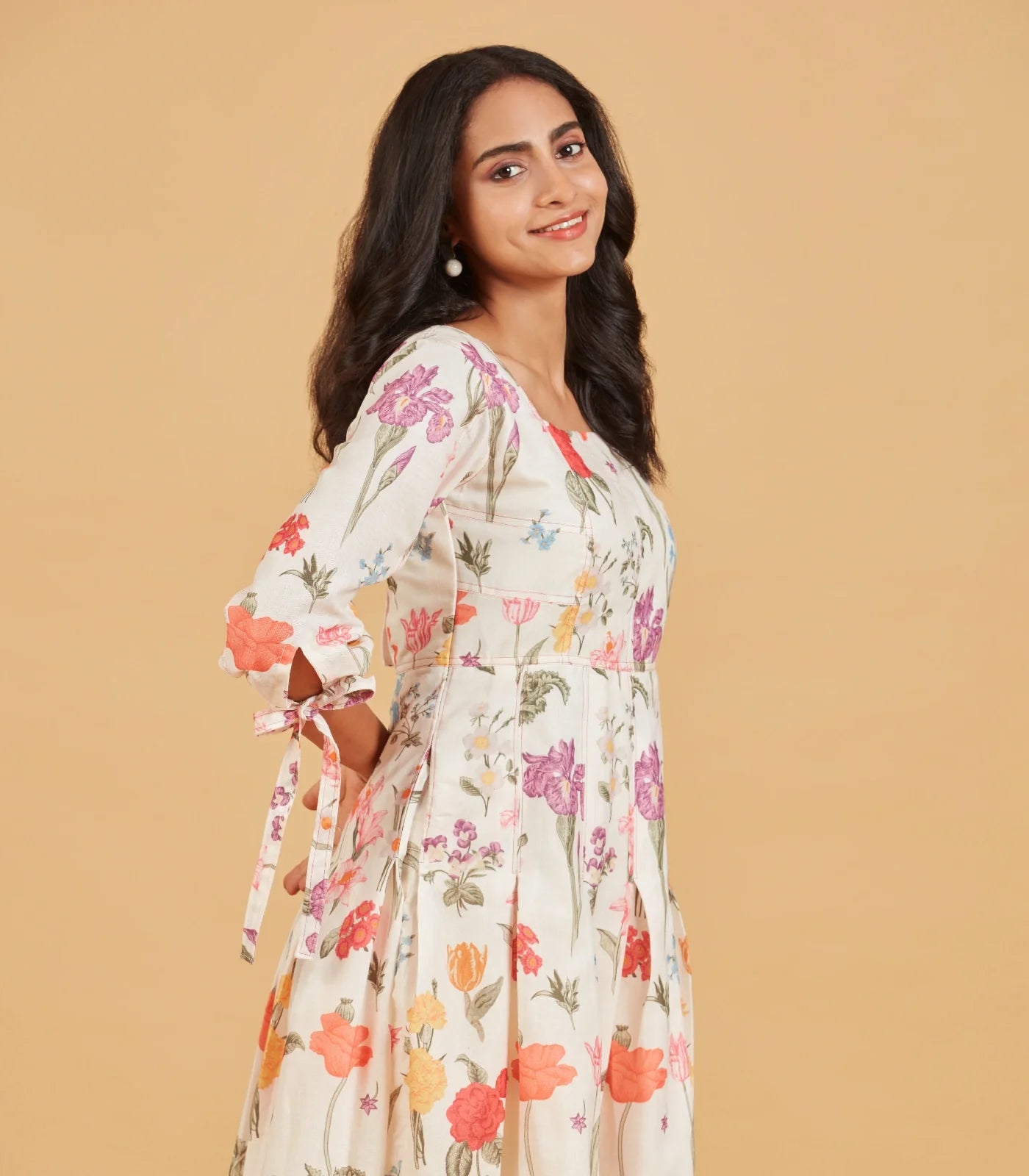 White Multicolour printed floral A-line Dress