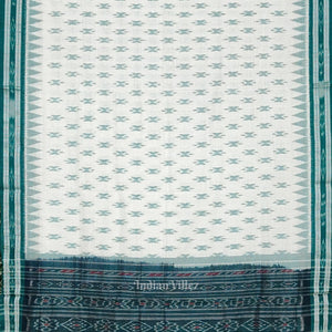 White Teal Green Mayur Chandrika Maniabandha Cotton Saree