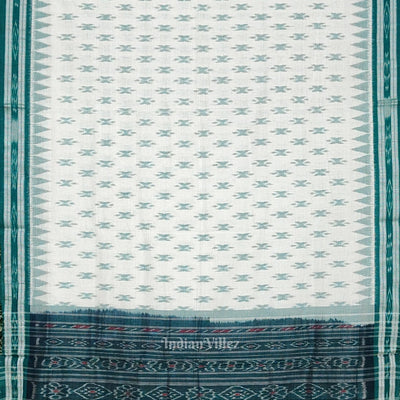 White Teal Green Mayur Chandrika Maniabandha Cotton Saree