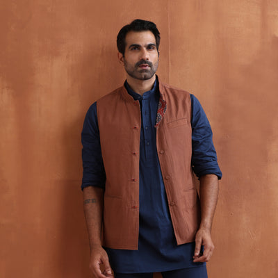 trueBrowns Men's Rust Printed Reversible Nehru Jacket