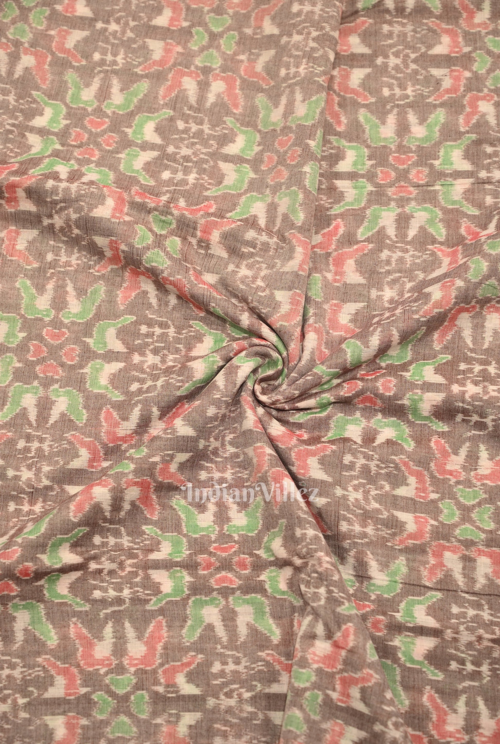 Light Coffee Tribal Flower Theme Sambalpuri Ikat Cotton Fabric