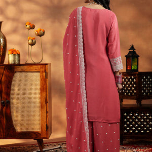 Coral Embroidered Silk Blend Straight Suit With Dupatta