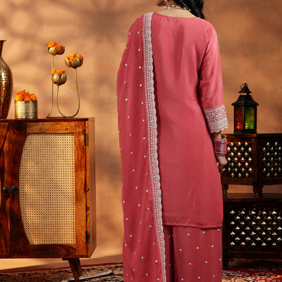 Coral Embroidered Silk Blend Straight Suit With Dupatta