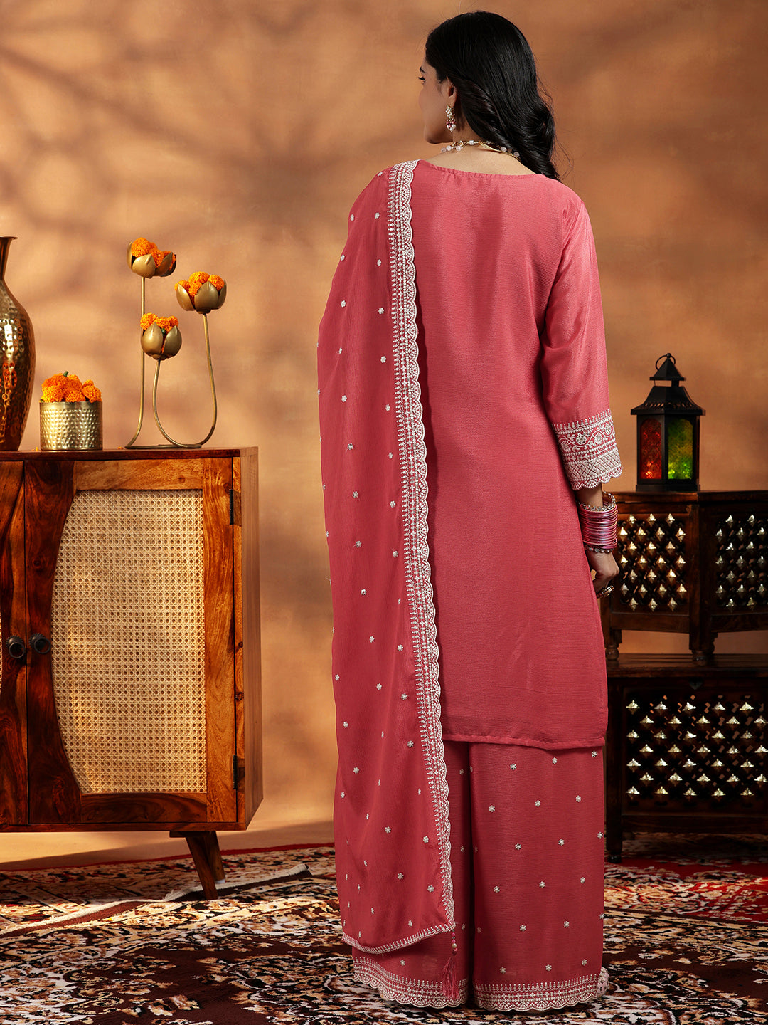 Coral Embroidered Silk Blend Straight Suit With Dupatta