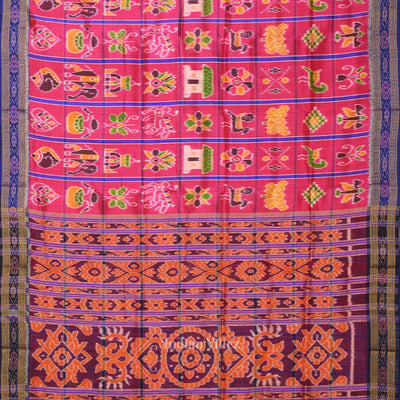 Rani Pink Blue Nabakothi Odisha Ikat Khandua Silk Saree