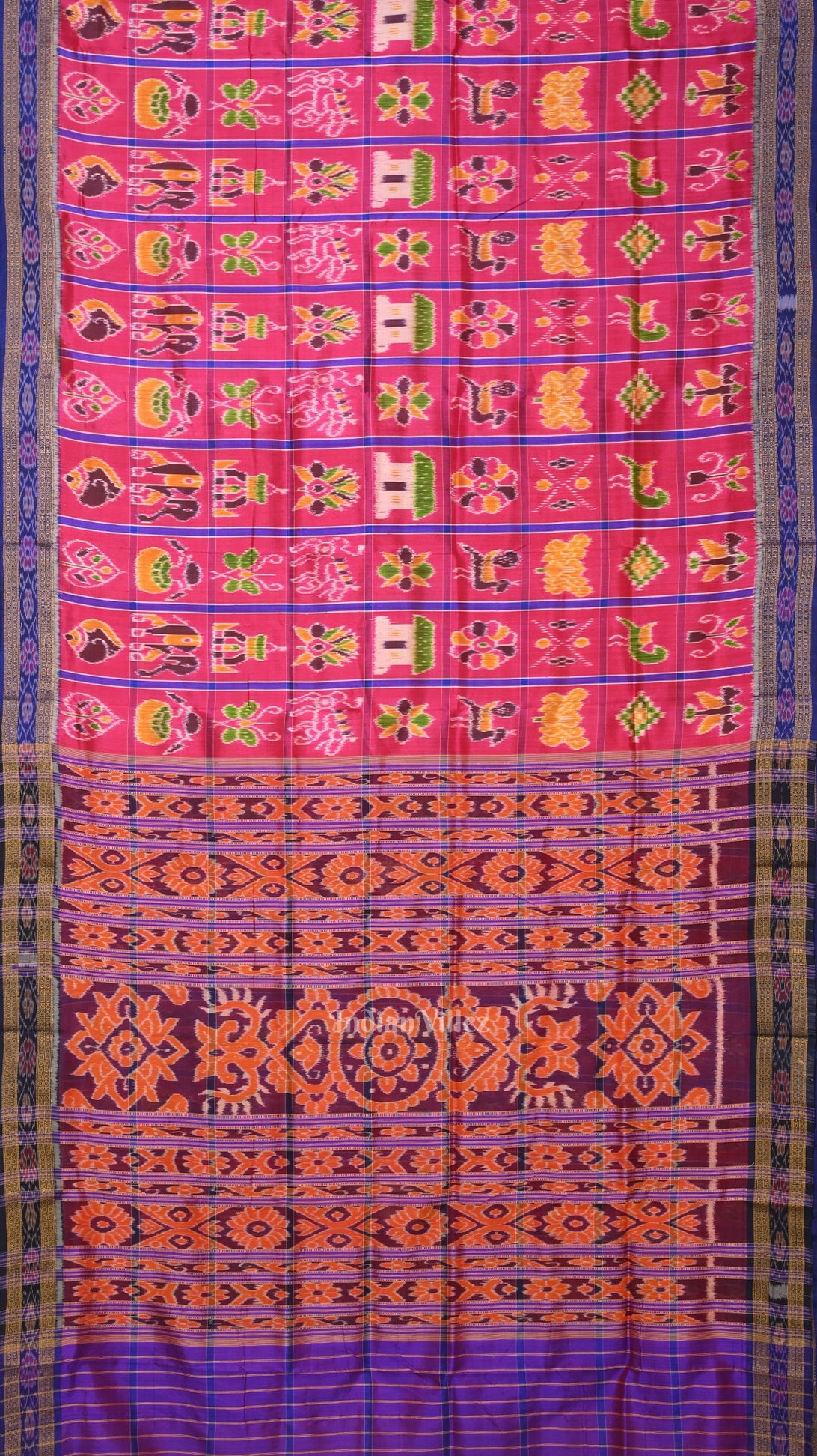 Rani Pink Blue Nabakothi Odisha Ikat Khandua Silk Saree
