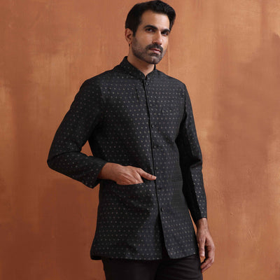trueBrowns Men's Black Chanderi Long Jacket