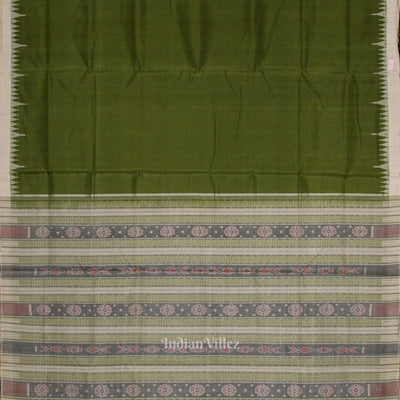 Mehendi Green White Hazar Buti Bomkai Tussar Silk Saree with Sarabandha Anchal
