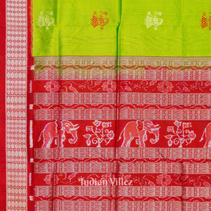 Red Green Welcome Design Bomkai Sambalpuri Silk Saree