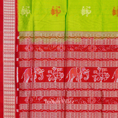 Red Green Welcome Design Bomkai Sambalpuri Silk Saree