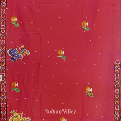 Purple Red Rasaleela Theme Hand-Painted Pattachitra Saree