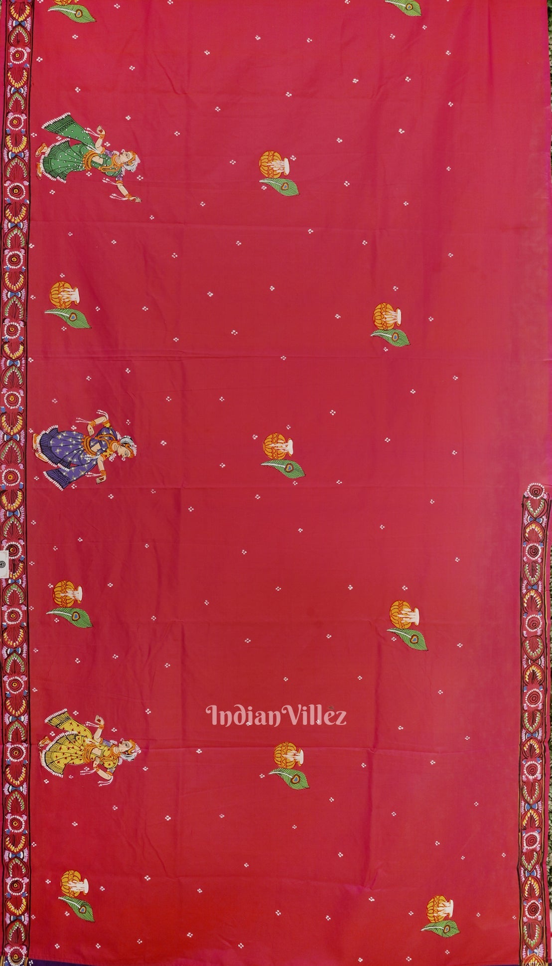 Purple Red Rasaleela Theme Hand-Painted Pattachitra Saree