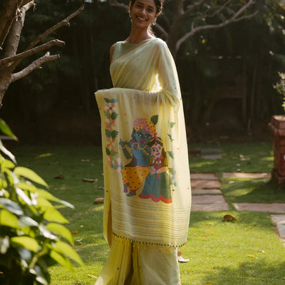 Yellow Handloom Bengal Cotton Saree With Radha Krishna In a Floral Swing Pallu design