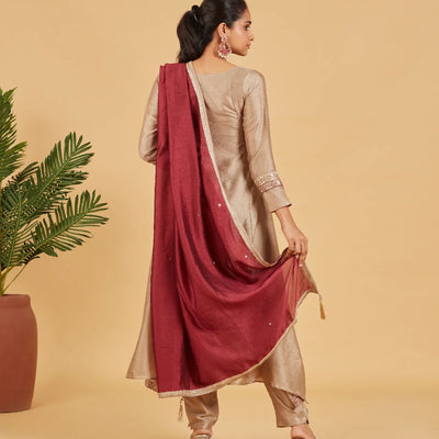 Taupe Kurta Set With Contrast Wine Dupatta