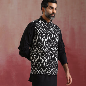 trueBrowns Men's Black Ikat Reversible Nehru Jacket