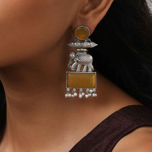 trueBrowns Silver Tone Yellow Stone Earrings