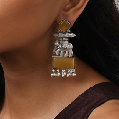 trueBrowns Silver Tone Yellow Stone Earrings