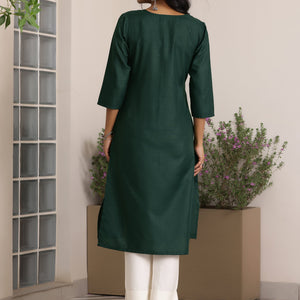 Green Solid Silk Straight Kurta