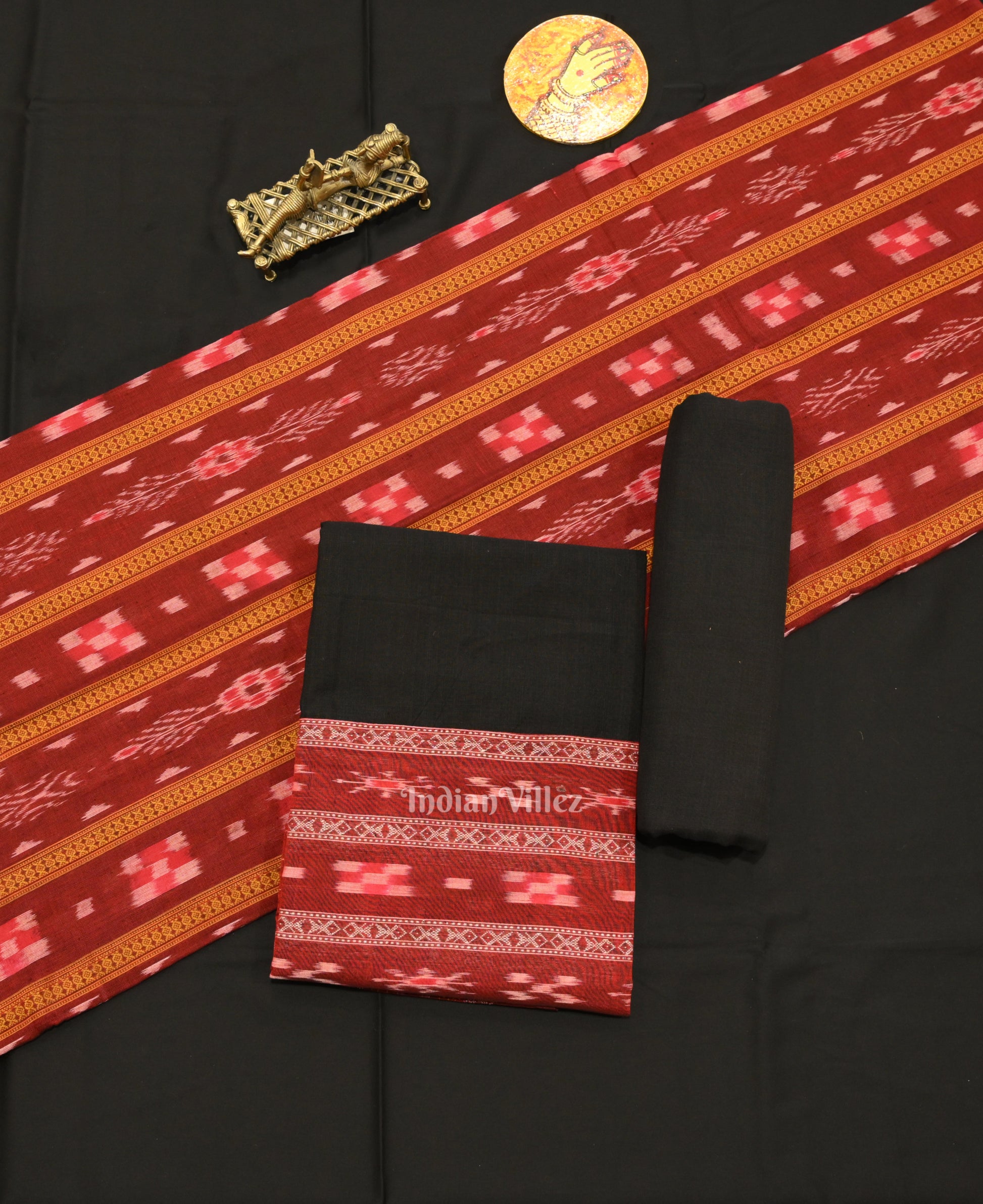 Maroon  Black  Maniabandha Sambalpuri Cotton Dress set & Dupatta