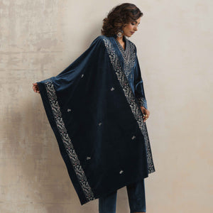 trueBrowns Blue Velvet Embroidered Kurta Pant Dupatta Set