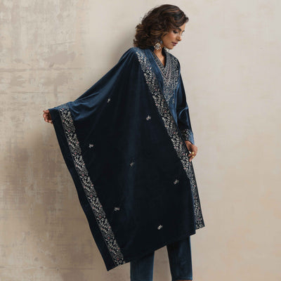 trueBrowns Blue Velvet Embroidered Kurta Pant Dupatta Set