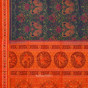 Green Lotus & Peacock Theme Sambalpuri Cotton Saree