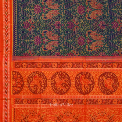 Green Lotus & Peacock Theme Sambalpuri Cotton Saree