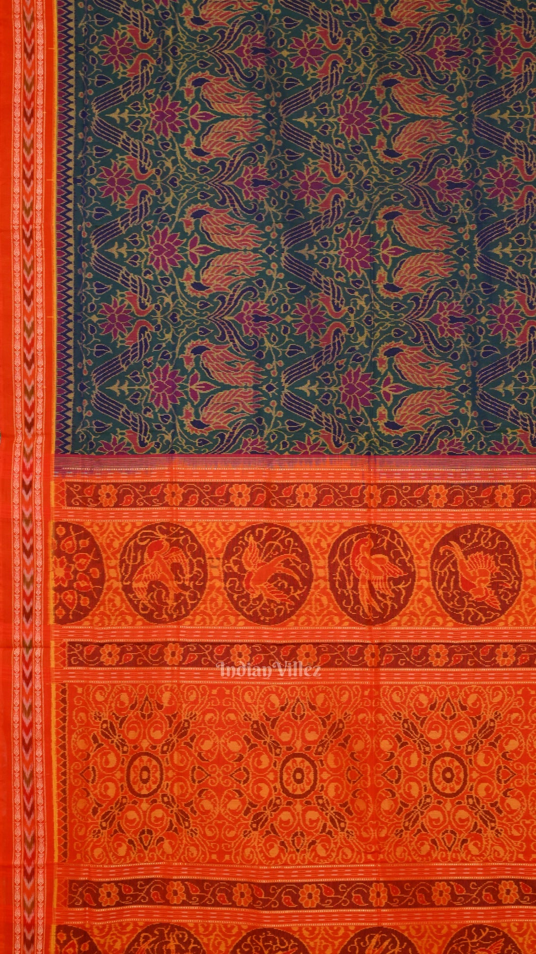 Green Lotus & Peacock Theme Sambalpuri Cotton Saree
