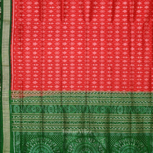 Deep Red Green Tribal Theme Sambalpuri Silk Saree