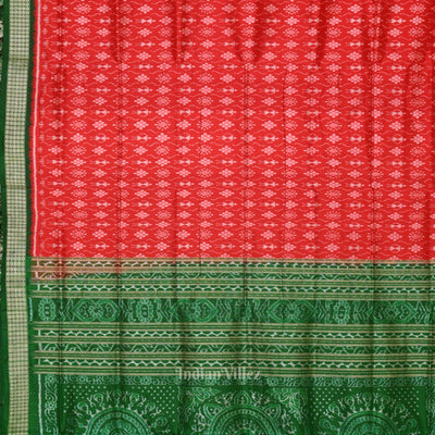 Deep Red Green Tribal Theme Sambalpuri Silk Saree