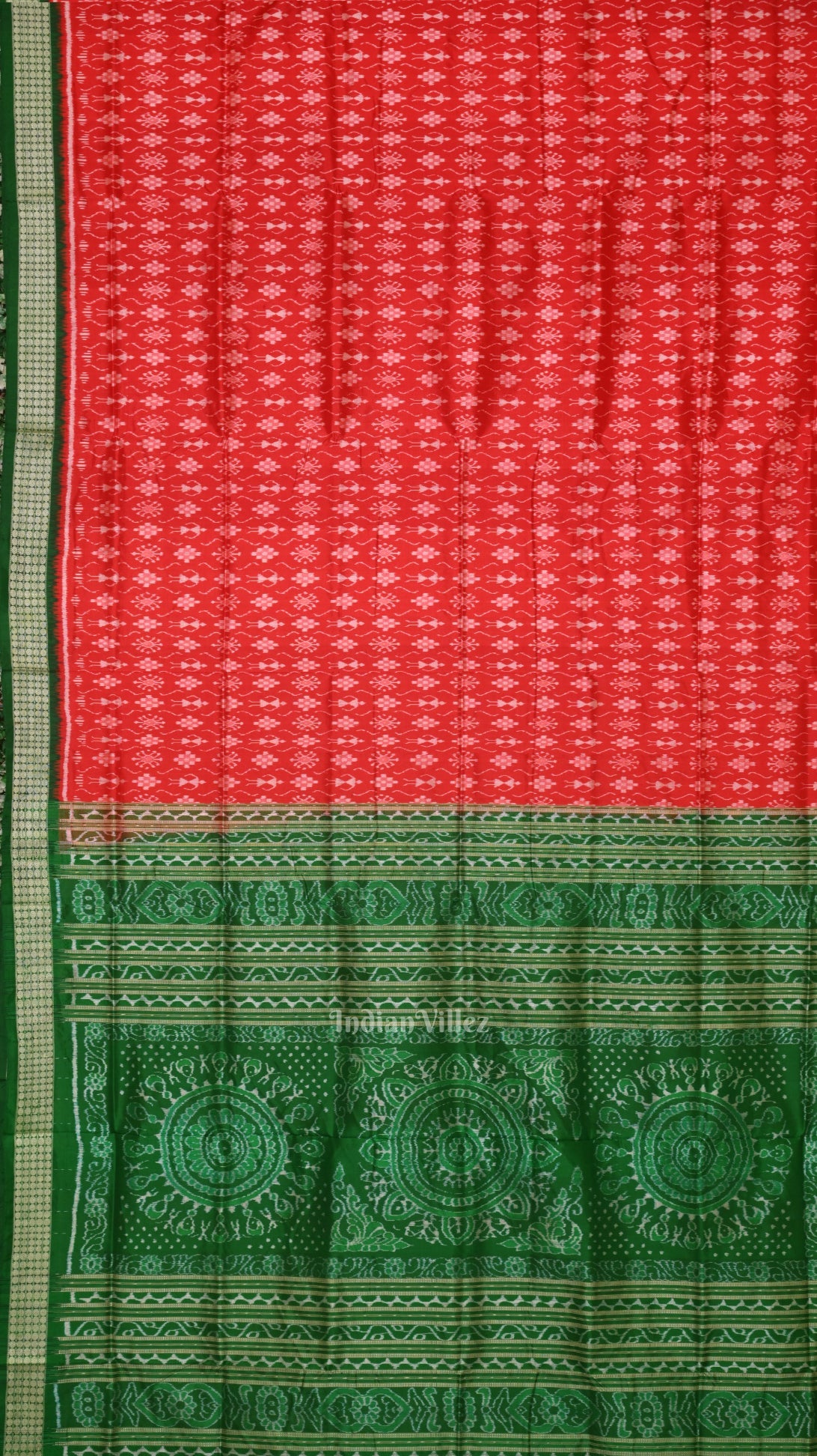 Deep Red Green Tribal Theme Sambalpuri Silk Saree