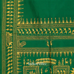 Green Tribal Theme Hand-Painted Pattachitra Saree