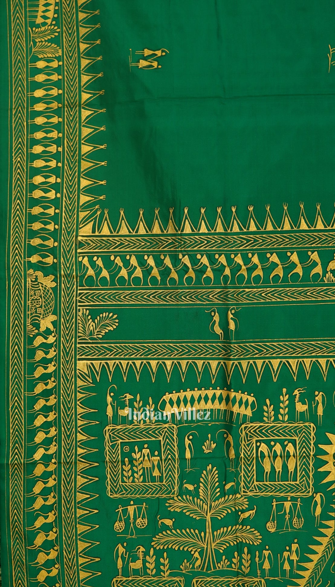 Green Tribal Theme Hand-Painted Pattachitra Saree