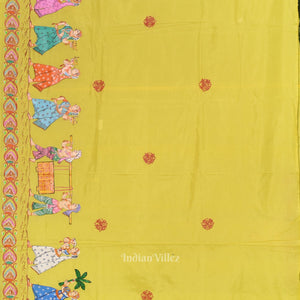 Royal Blue Yellow Boita Theme  Hand-Painted Pattachitra Saree