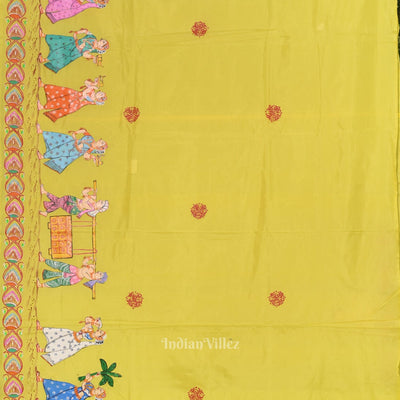 Royal Blue Yellow Boita Theme  Hand-Painted Pattachitra Saree
