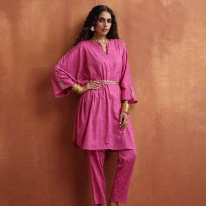 trueBrowns Pink Print Kaftan Kurta Co-ord Set