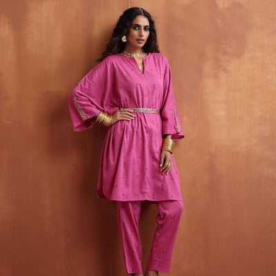 trueBrowns Pink Print Kaftan Kurta Co-ord Set