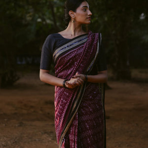 Dark Purple Handloom Orissa Cotton saree With Worli Design