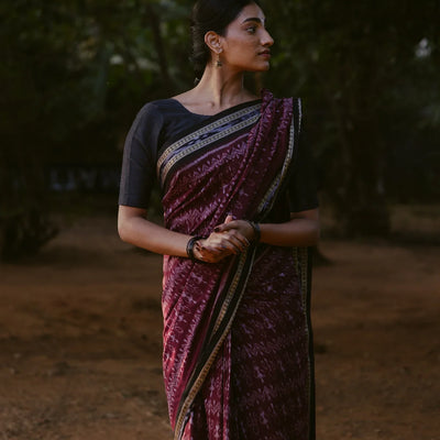 Dark Purple Handloom Orissa Cotton saree With Worli Design