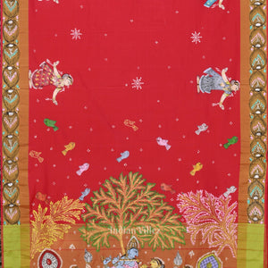 Red Radha Krishna Raasleela  Hand-Painted Pattachitra Saree