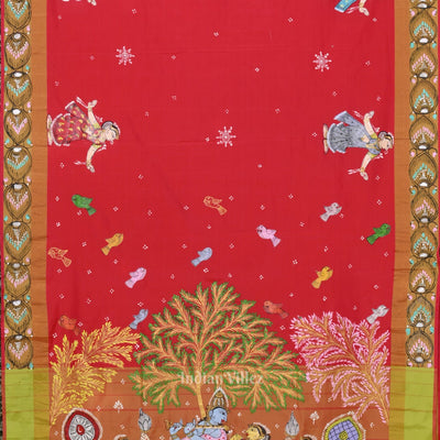 Red Radha Krishna Raasleela  Hand-Painted Pattachitra Saree