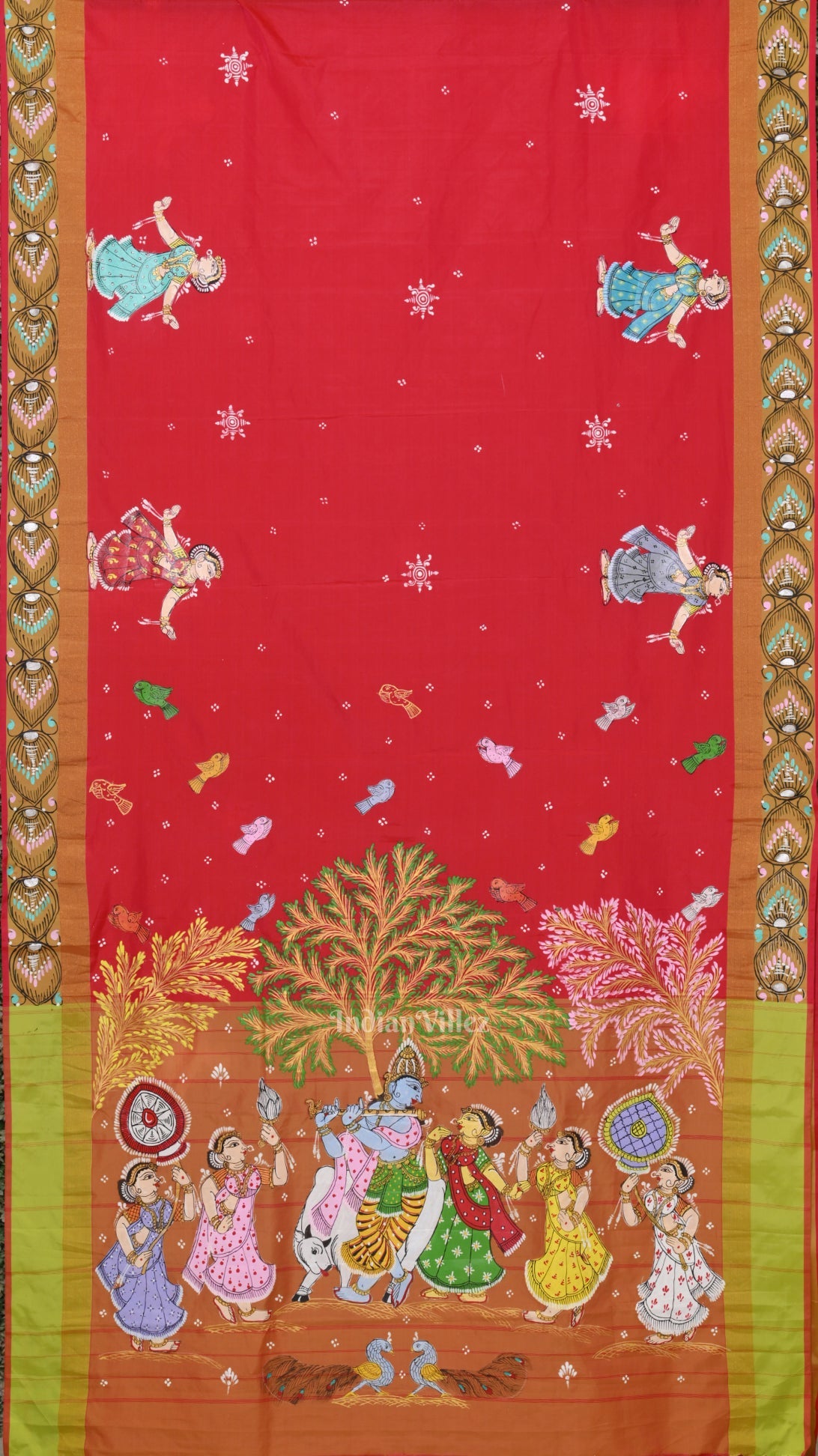 Red Radha Krishna Raasleela  Hand-Painted Pattachitra Saree